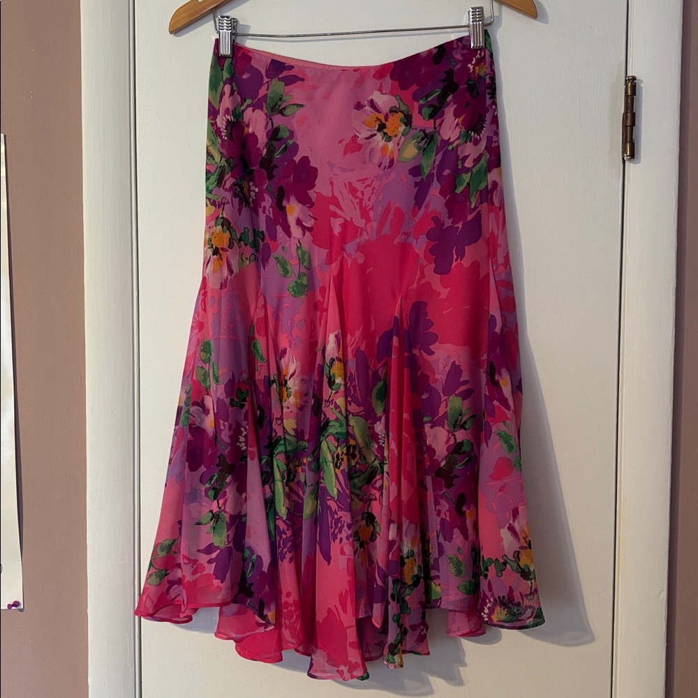 Vintage Y2K Hot Pink Floral Bias Asymmetrical Midi Skirt Cache Mermaid S Barbie - Picture 4 of 17